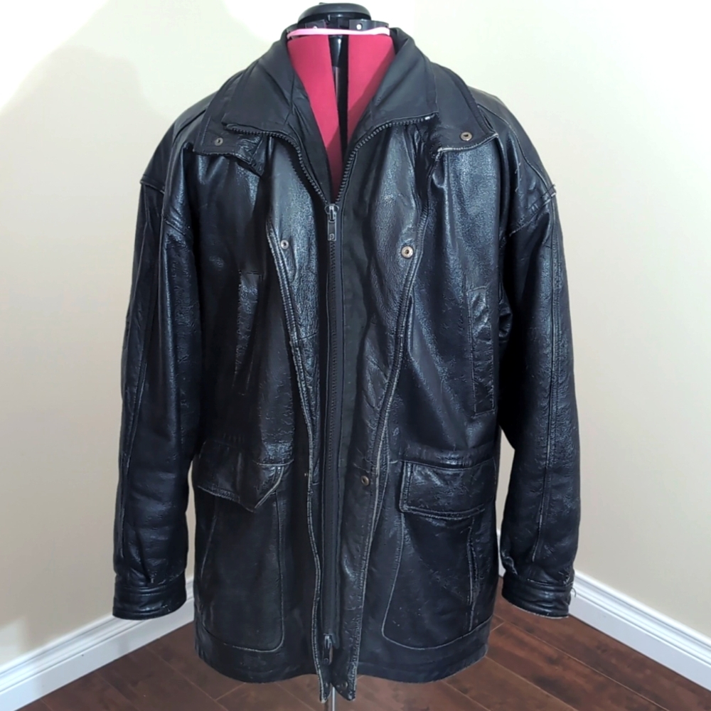 Pelle Cuir| Vintage Black Leather Jacket With Multiple Pockets